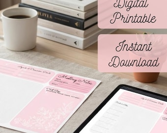 Floral Meeting Notes Template, Agenda & Action Items Planner (Digital Download)