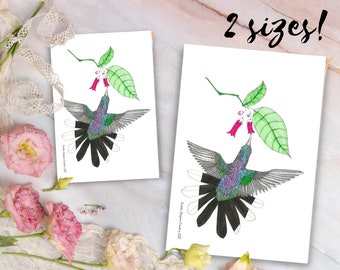 Kolibri Beutel mit Reißverschluss | Digitale Illustration eines Kolibri in einer Bibliothek auf einer Zubehörtasche mit Reißverschluss, Geschenk für geliebte Menschen