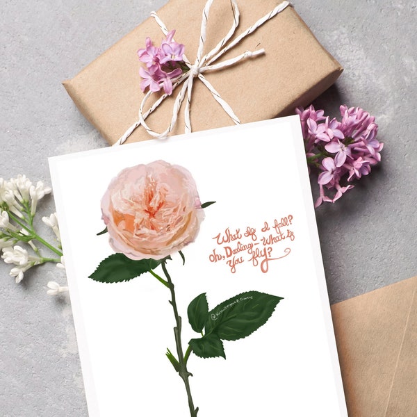 Cabbage Rose "What if you fly" Greeting Card | Digital Drawing of a poppy flower with quote on a folded standard card, artist notecard