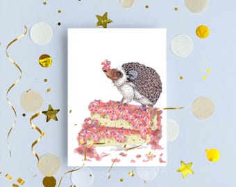 Hedgehog Cake Birthday Card – Pink Frosting Illustration, Animal Art Greeting Card