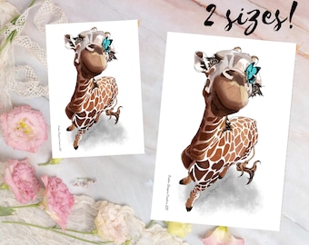 Giraffe Beutel mit Reißverschluss | Digitale Illustration einer Giraffe und eines blauen Schmetterlings auf einer Zubehörtasche mit Reißverschluss, Geschenk für Buchliebhaber, Fuchsliebhaber