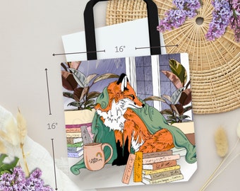 Bibliothekar Fuchs Canvas Tasche | Digitale Illustration eines Fuchses in einer Bibliothek auf einer verstärkten, handwerklichen Tasche, Geschenk für Buchliebhaber, Fuchsliebhaber