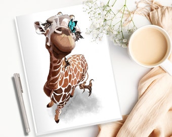 Cute Giraffe Journal (Style 1) | Digital Illustration of a giraffe with butterfly on a softcover journal with lined pages, gift for a writer