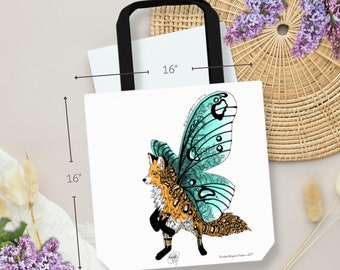 Fuchsmotte Tasche | Digitale Illustration eines Fantasy-Fuchses mit Mottenflügeln und Gepardenflecken auf einer verstärkten Tasche im handwerklichen Stil