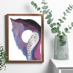 Snowy Owl with a Colorful Night and Full Moon Unframed Print |