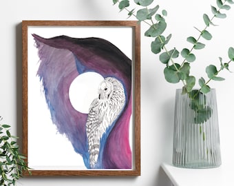 Snowy Owl with a Colorful Night and Full Moon Unframed Print |