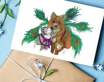 Fox & Peacock Feather Greeting Cards: Hand-Drawn Mother and Child