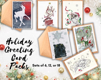 Weihnachtskarten | 6 saisonale Illustrationen auf Blanko-Grußkarten (Rentier, Eule, Katze, Gnom, Wolf, Polarfuchs)