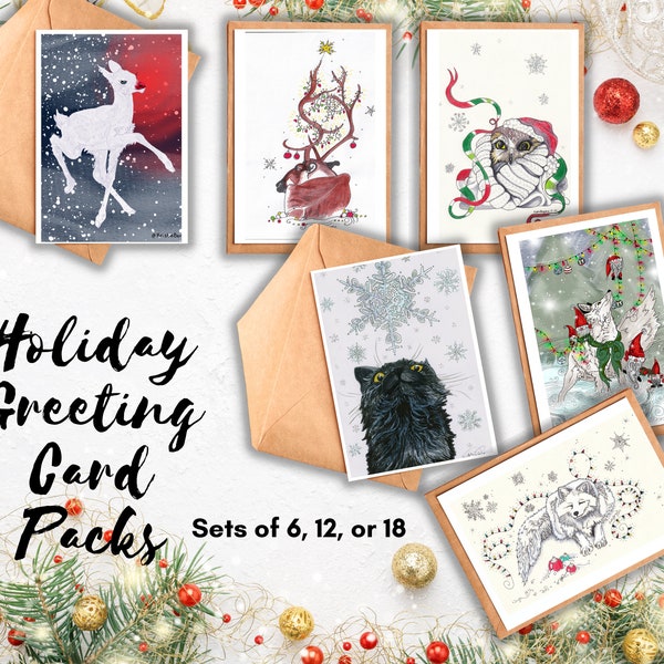 Holiday Card Pack | 6 Seasonal Illustrations on blank greeting cards (reindeer, owl, cat, gnome, wolf, artic fox)