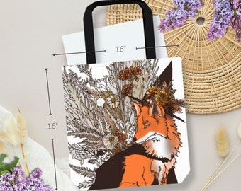 Hexe Fuchs Canvas Tasche | Digitale Illustration eines als Hexe verkleideten Fuchses auf einer verstärkten Tasche im handwerklichen Stil, Geschenk für Buchliebhaber, Fuchsliebhaber