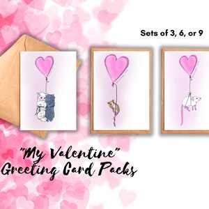 Paquete de tarjetas de felicitación estándar del Día de San Valentín / Tarjetas lindas de ratón y gatito, tarjetas de felicitación dibujadas a mano, interior en blanco, notas de amor