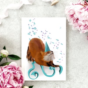 Cartes de vœux Fox Birthday Celebration, Blanc à l’intérieur, Illustration dessinée à la main pour l’anniversaire de famille, Nouvel emploi, Baby Shower, Promotion