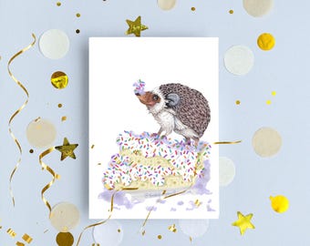 Hedgehog Birthday Card – Vanilla Cake Sprinkle Illustration, Whimsical Animal Art Greeting