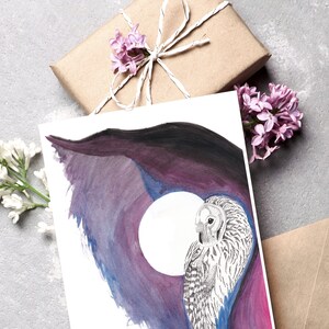 Carte de vœux de peinture à l'encre de harfang des neiges | Ciel nocturne, illustration de la pleine lune, carte de fête des mères, cadeau d'amant de hibou, célibataires ou paquets de cartes