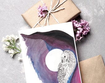 Snowy Owl Greeting Card: Night Sky Moon Art, Owl Lover Gift