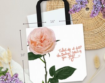 Cabbage Rose ""What if You Fly"" Canvas Tasche | Digitale Zeichnung einer rosa Rose mit einem Empowerment-Zitat auf einer verstärkten, handwerklichen Tasche