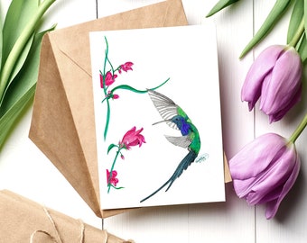 Hand-Drawn Hummingbird Greeting Card: Pink Flower Love Note