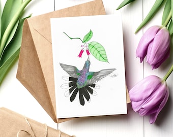 Hand-Drawn Hummingbird Greeting Card: Pink Flower Love Note