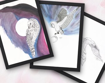 Snowy Owl Print Set: Hand-Drawn Pen, Ink & Pencil Illustrations