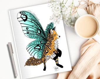 Fox-Moth Journal | Digital Illustration of a fantasy fox with moth wings and cheetah spots on a softcover journal with lined pages