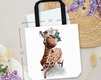 Giraffe Canvas Tasche | Digitale Illustration einer Giraffe und eines blauen Schmetterlings auf einer verstärkten, handgemachten Tasche