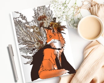 Witch Fox Journal | Digital Illustration of a fox dressed as a witch on a softcover journal with lined pages, gift for book lover, fox lover