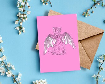Whimsical Winged Cat Blank Greeting Card – Original Illustration, Matte Cardstock (5.5 x 4")