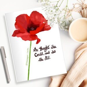 Poppy &quot;So She Did&quot; Journal (Style 1) | Digital Illustration of a red poppy with quote on a softcover journal with lined pages