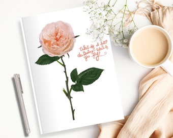Cabbage Rose "What if You Fly" Journal (Style 1) | Digital Illustration of a soft pink rose with quote, softcover journal with lined pages
