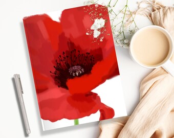 Poppy "So She Did" Journal (Style 2) | Digital Illustration of a red poppy with quote on a softcover journal with lined pages