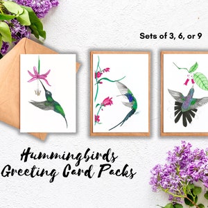 Paquete de tarjetas de colibrí / Juego de tarjetas de tarjetas de felicitación en blanco, ilustraciones de colibrí de acuarela, tarjetas del día de la madre, símbolo del amor familiar