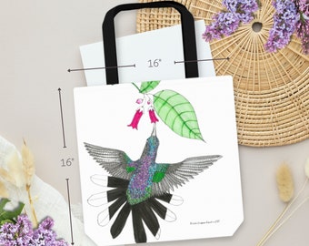 Kolibri Canvas Tasche | Feder und Tusche Illustration eines Schwarzschwanzkolibris auf einer verstärkten Tasche im handwerklichen Stil, Geschenk zum Muttertag