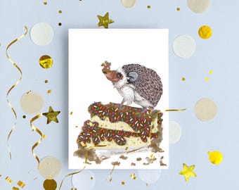 Chocolate Cake Hedgehog Birthday Card – Whimsical Animal Sprinkle Celebration Greeting