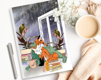 Librarian Fox Journal | Digital Illustration of a cozy fox on a softcover journal with lined pages, gift for book lover, fox lover