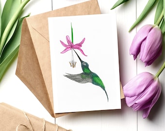 Hand-Drawn Hummingbird Greeting Card: Pink Flower Love Note
