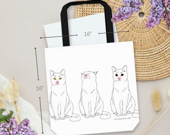 Katze "I Love You" Canvas Tasche | Digitale Strichzeichnung einer blinzelnden Katze auf einer verstärkten Tasche im handwerklichen Stil, Geschenk für Katzenliebhaber