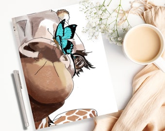 Cute Giraffe Journal (Style 2) | Digital Illustration of a giraffe with butterfly on a softcover journal with lined pages, gift for a writer