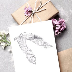 Croquis de harfang des neiges carte de vœux | Ciel nocturne, illustration de la pleine lune, carte de fête des mères, cadeau d'amant de hibou, célibataires ou paquets de cartes