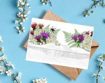 Floral Garden Greeting Card – Botanical Illustration with Bee – Colorful Wildflower Art – Nature Inspired Stationery