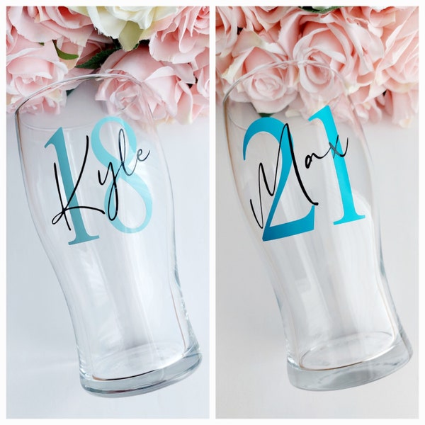 Personalised pint glass/Pint glass with age and name/Milestone birthday pint glass/18th, 21st, 30th, 40th, 50th pint glass/Custom pint glass