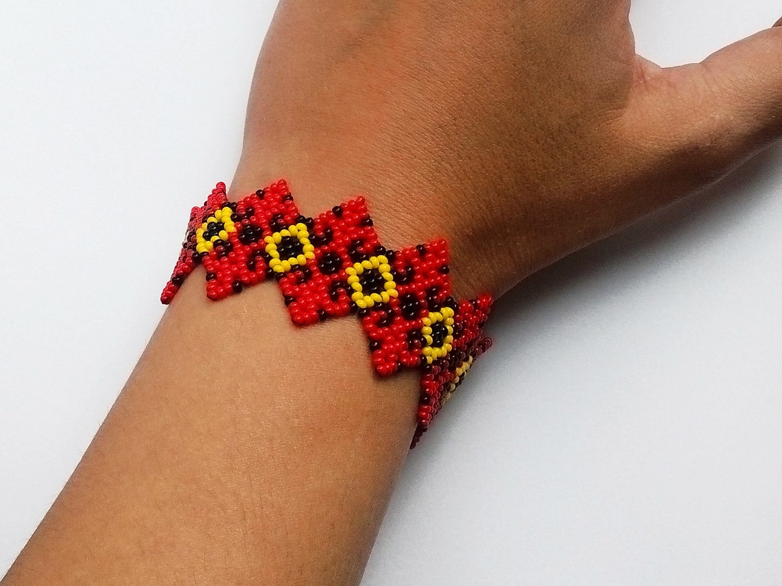 Huichol Bracelet Yellow Red Bracelet Mexican Bracelet Etsy