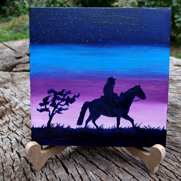 Mini cowboy de peinture, art occidental, peinture à l’huile de cowboy, paysage miniature, huile sur toile, illustration, cadeau unique, mini toile avec chevalet