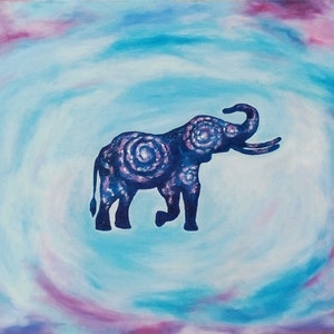May include: A blue elephant silhouette with a galaxy pattern on a light blue and purple watercolor background.
