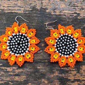 Orange flower earrings, Sunflower earrings, Huichol earrings, seed bead earrings, Mexican earrings, Huichol jewelry, Summer flower earrings