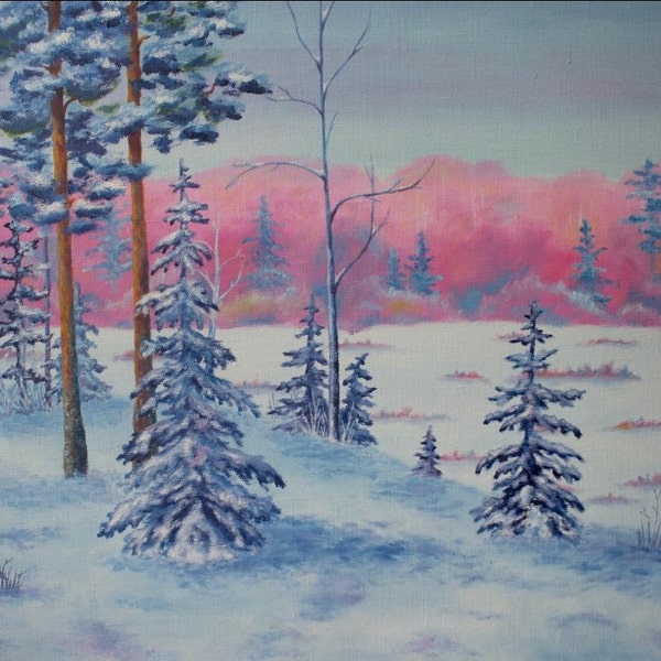 Paysage d’hiver Huile sur toile, Forêt enneigée, Peinture sur neige, Œuvre d’art d’hiver, Paysage russe, Peinture de forêt au coucher du soleil, Art mural d’arbre