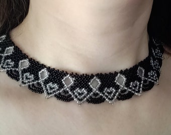 Black silver necklace beaded, handicraft Collar Bead, handmade necklase hearts, lace evening necklace, Beaded collar, Gothic Beaded Necklace