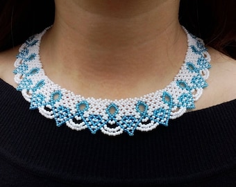 White blue beaded necklace, Beaded collar, gift for women, Bead necklace Collar, Bead Jewellery, handicraft necklace, handmade seed bead