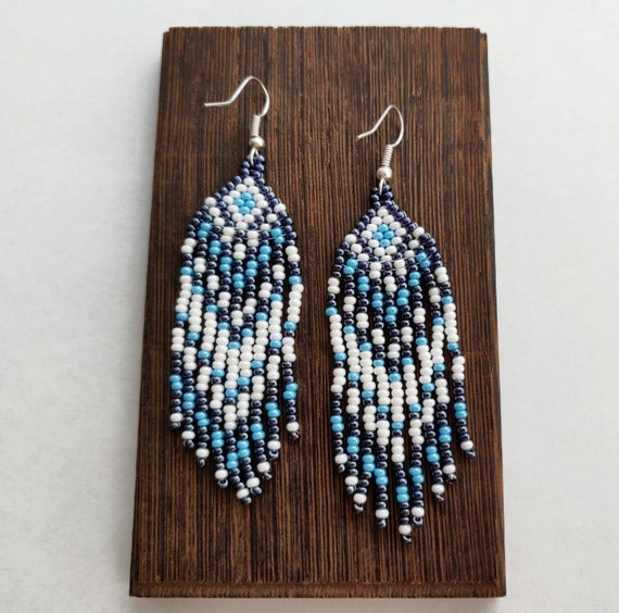 Native American Earrings Blue Bead Earrings Seed Bead - Etsy