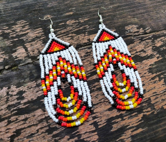 White Tribal Beaded Earrings Native American Earrings Long