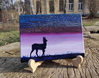 Mini painting Deer, animal art, Deer oil painting, miniature Landscape, Oil on canvas, artwork, Unique Gift, Mini canvas with Easel